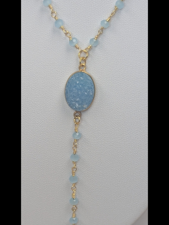 Sky Blue Druzy Pendant - 24k Gold Plated - Blue Stone  Blue Chalcedony Druzy Pendant Necklace 24K Gold Plated Adjustable 18-20 Inch